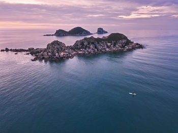 Aerial view of sup surfer ,triozerye, primorsky region, russia