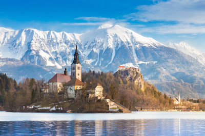 Scenic view of lake by mountains against sky