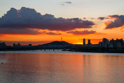 Scenic view of bay against orange sky