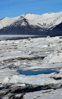 The summer thaw with glaciers and snow capped mountain peaks in iceland.