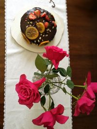 High angle view of roses in pot on table