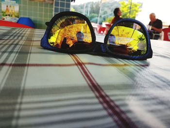 Close-up of vintage car on table