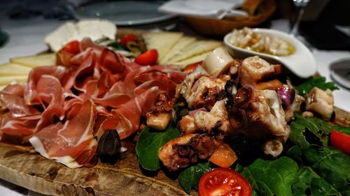 High angle view of meal served on table