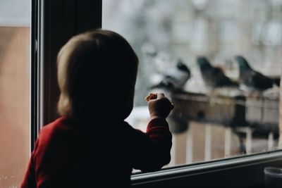 Rear view of baby boy looking through window at home