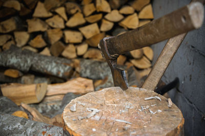 Close-up of firewood stack on log