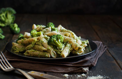 Close-up of pasta in plate on table