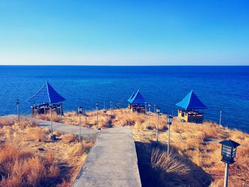 Scenic view of sea against clear blue sky