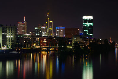 View of city lit up at night