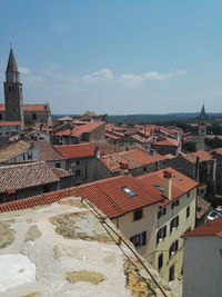 High angle view of houses in town against sky