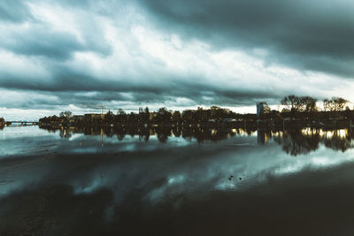 Cloudy sky reflecting on calm lake