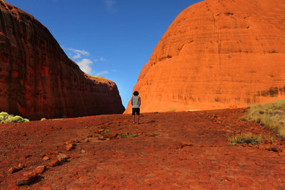 Rear view of man standing on rock against sky