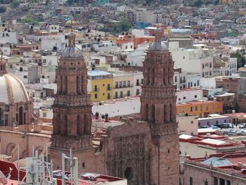 High angle view of buildings in city