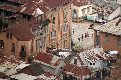 High angle view of buildings in town