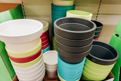 High angle view of multi colored objects on table