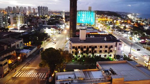 High angle view of cityscape at night
