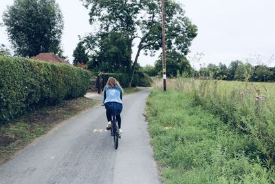 Rear view of man riding bicycle on road