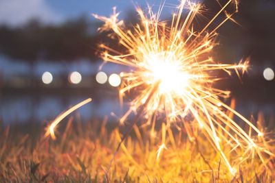 Close-up of fireworks on field at night