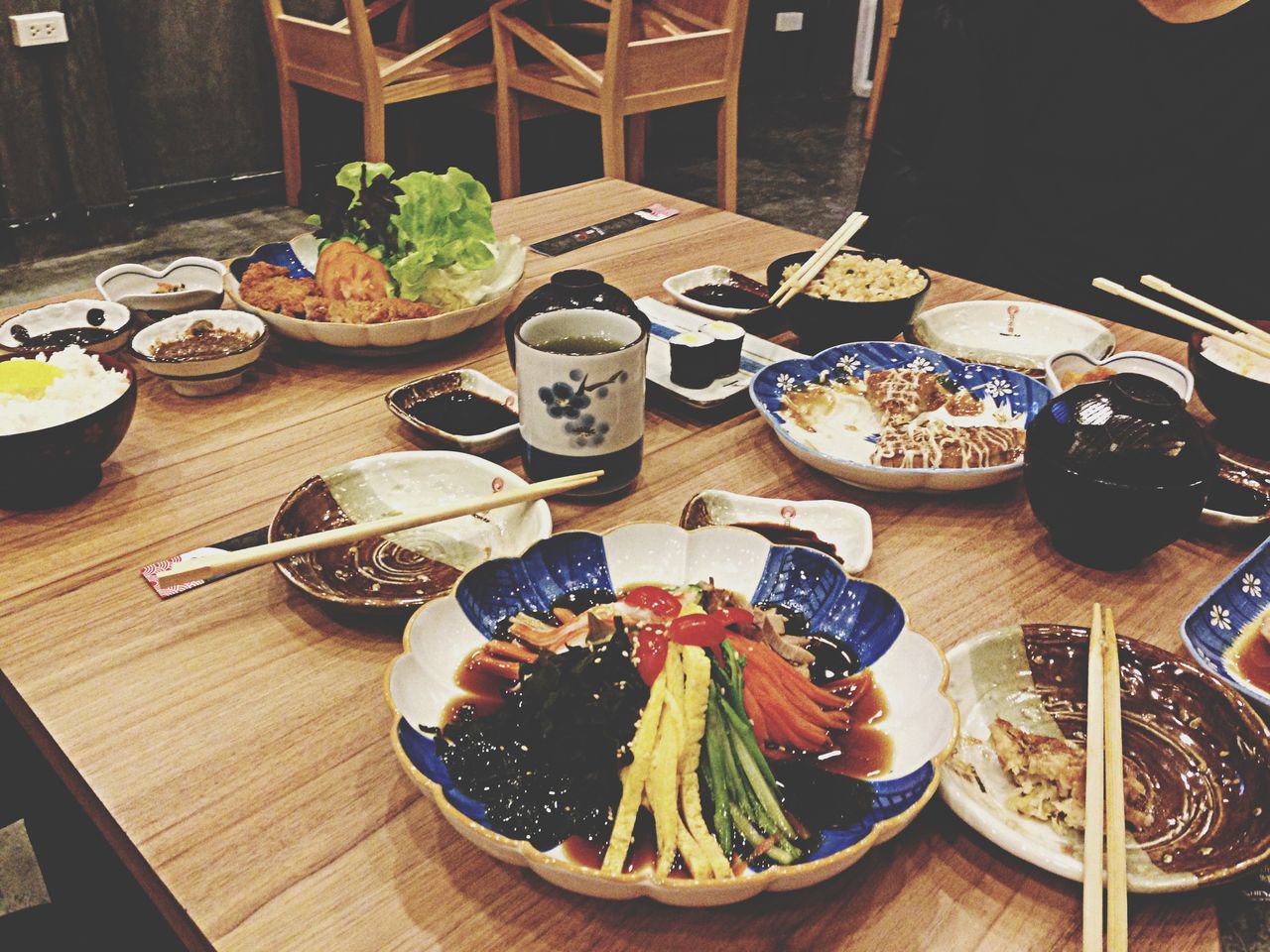 food and drink, table, food, indoors, freshness, plate, ready-to-eat, still life, high angle view, healthy eating, restaurant, serving size, bowl, meal, served, variation, wood - material, meat, indulgence, drink