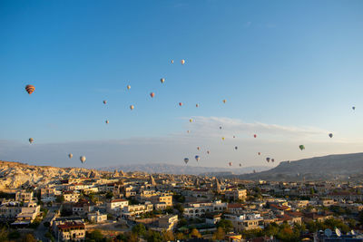 Flock of birds flying over buildings in city