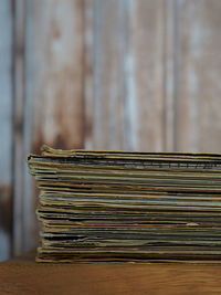 Close-up of stack of books on table