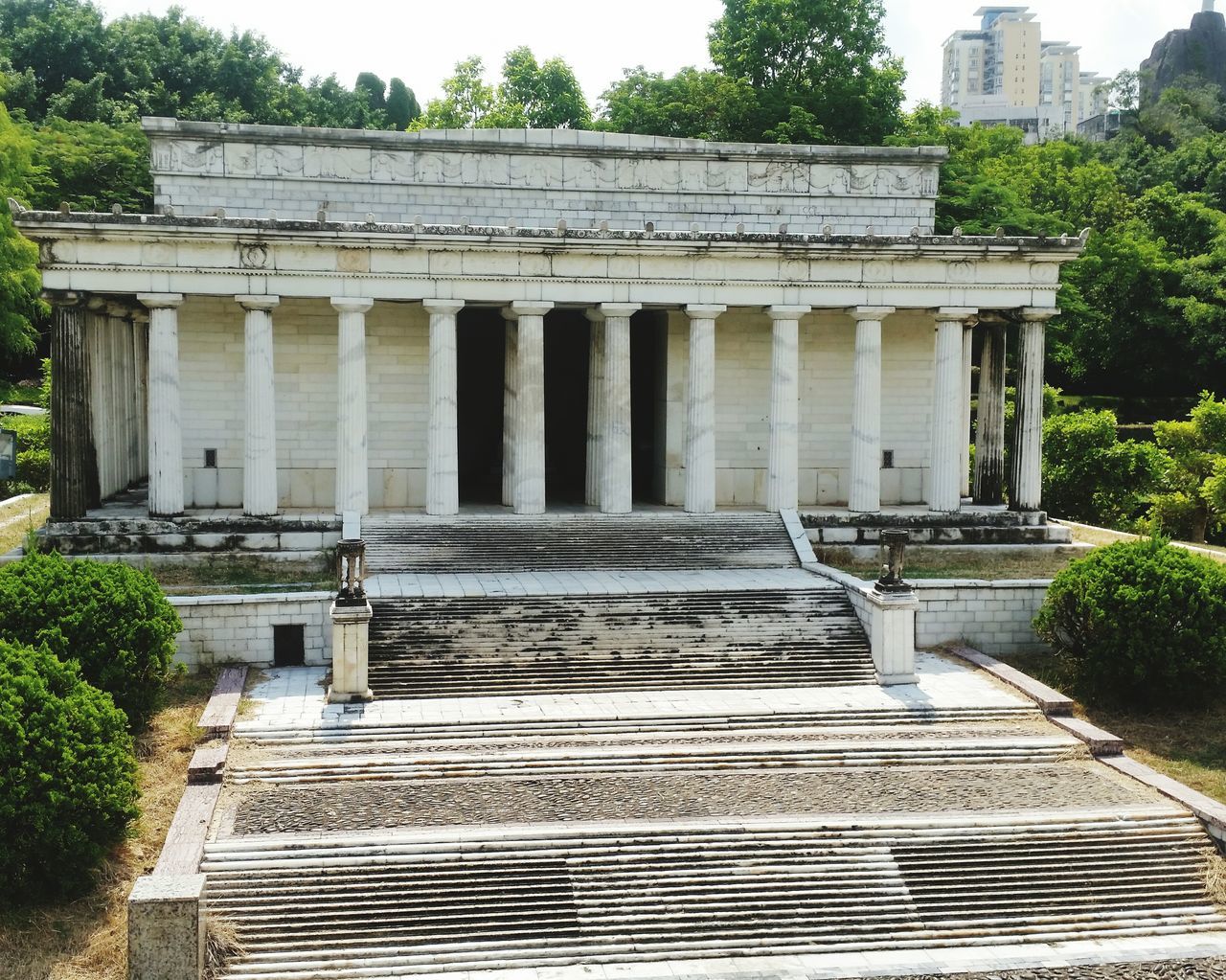 built structure, architecture, steps, building exterior, tree, steps and staircases, staircase, travel destinations, history, famous place, tourism, day, stairs, outdoors, travel, architectural column, low angle view, sunlight, no people, park - man made space