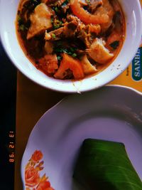 High angle view of soup in bowl on table