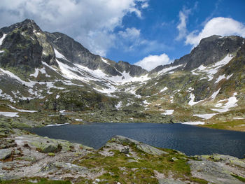 Scenic view of mountains and lake against sky