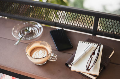 High angle view of coffee on table