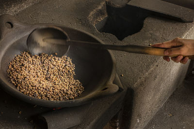 High angle view of person preparing food