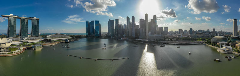 Panoramic view of city buildings against cloudy sky