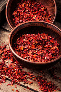 Close-up of red chili peppers in bowl