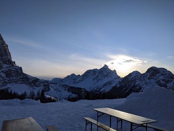 Scenic view of snowcapped mountains against sky during winter from a shelter