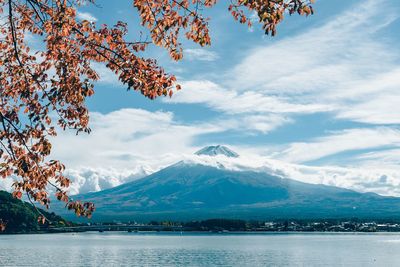 Scenic view of lake by mountains against sky