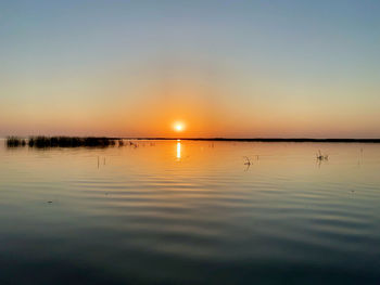 Scenic view of lake against sky during sunset