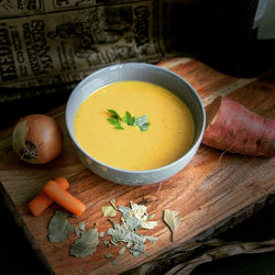 High angle view of soup in bowl on table