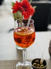 Close-up of red wine in glass on table