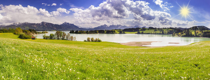 Panoramic view of lake and field against sky