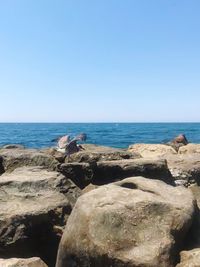 Rocks on beach against clear sky