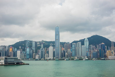 City at waterfront against cloudy sky