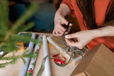 Midsection of woman holding christmas tree