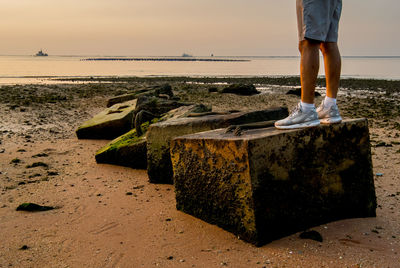 Low section of man standing on beach