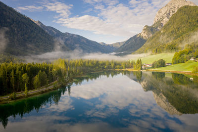 Scenic view of lake and mountains against sky