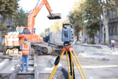 Close-up of camera at construction site