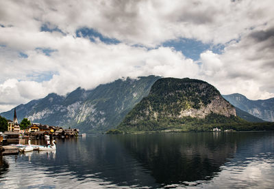 Scenic view of lake against cloudy sky