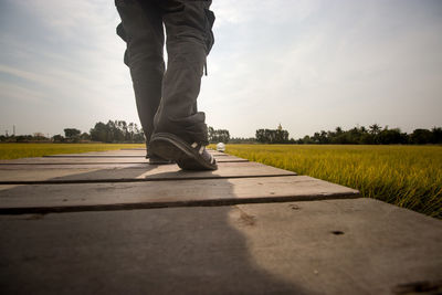 Low section of man on field against sky