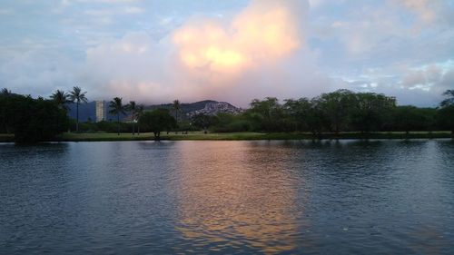 Scenic view of lake against sky at sunset