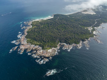 Aerial drone view of st. helens point , a peninsula on the north east coast of tasmania, australia.