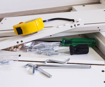 High angle view of cable car on table
