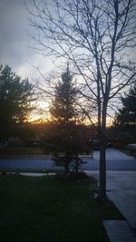 Bare trees on landscape against sky at sunset