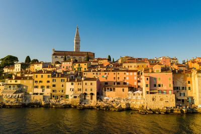 Aerial photo of rovinj town at sunset, istra, croatia